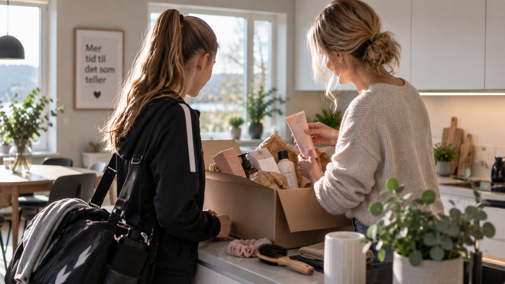 Medlem og forelder pakker ut medlemsfordeler hjemme